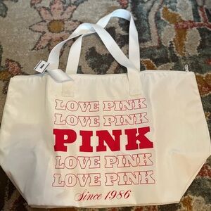 PINK Victoria's Secret White Tote with Pink Logo Block Print